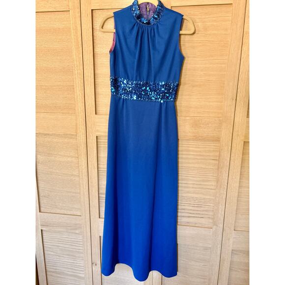 Vintage 70s Blue Maxi Dress Fitted Sleeveless Gown Dress Small Sequin Trim - Picture 1 of 11